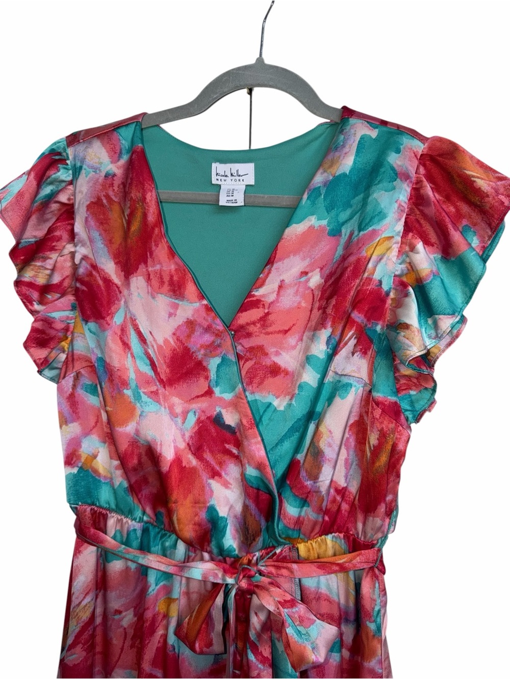 Nicole Miller Colorful Abstract floral pattern faux wrap Dress Size Medium - Picture 3 of 10